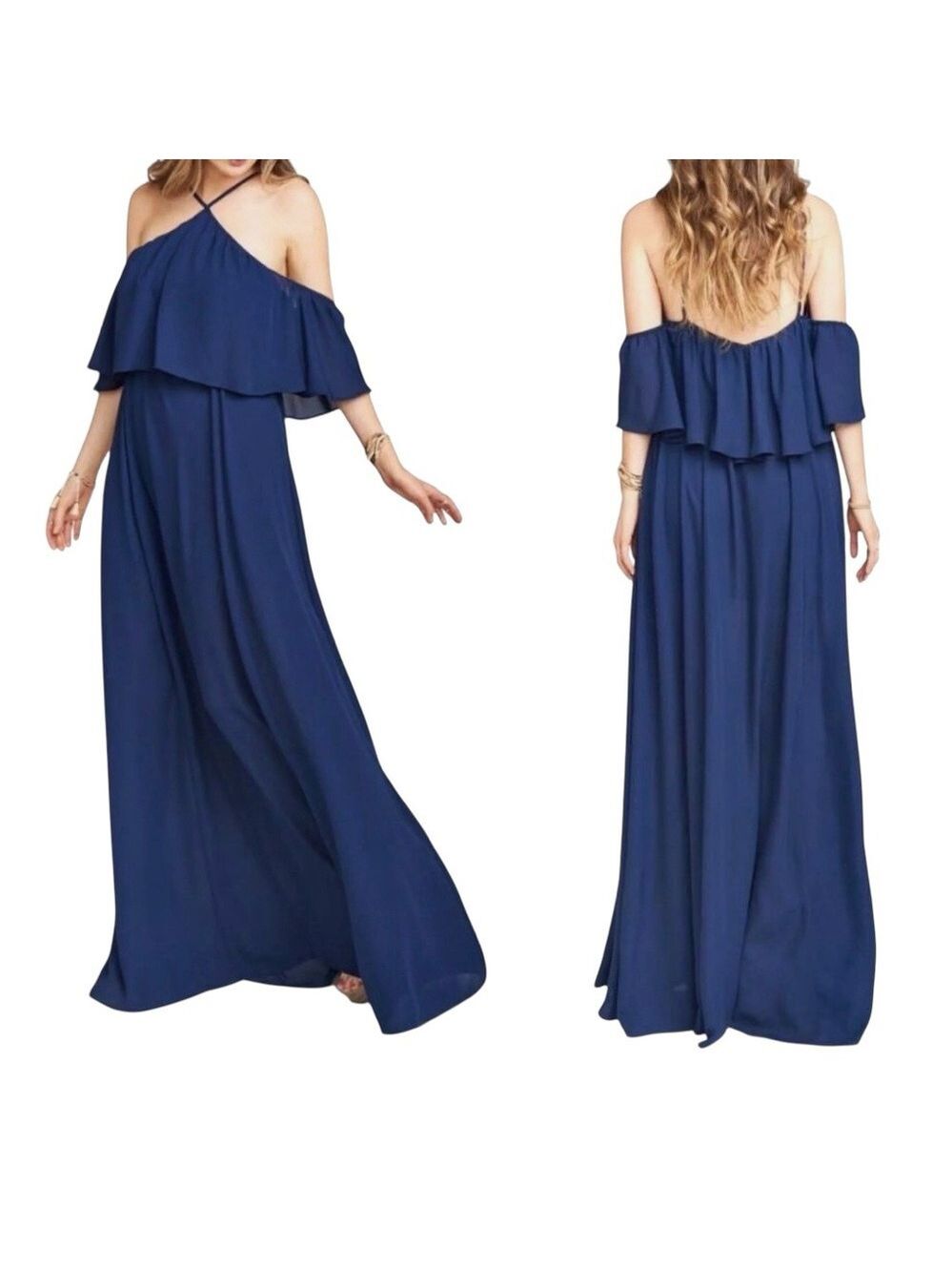 Show Me Your Mumu Glam Navy One Shoulder Maxi Dress Ruffle Overlay Formal XS
